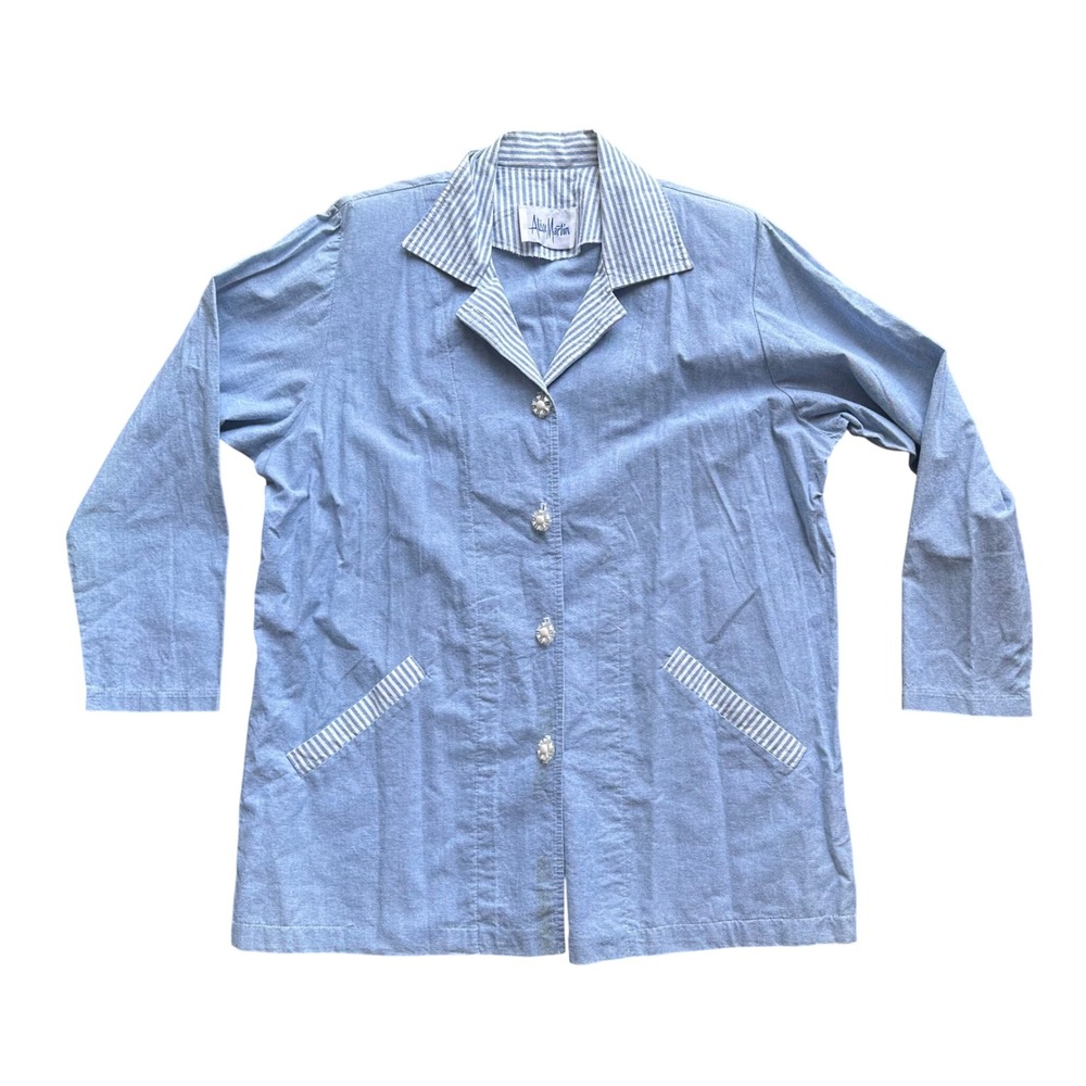 Alice Martin‎ Vintage Blue Button Front Jacket Striped Collar Pockets Light Coat